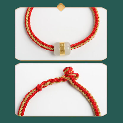 Buddha Stones 999 Gold Hetian White Jade Om Mani Padme Hum Fu Character Luck Braided Bracelet - 图片 5
