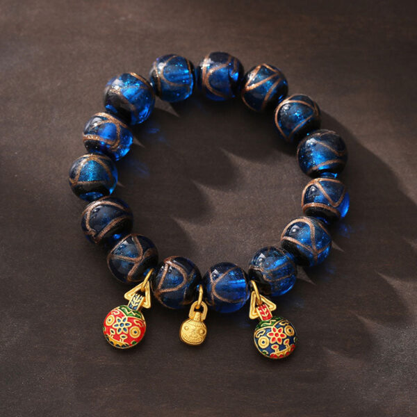 Gold Swallowing Beast Luck Charm Blue Liuli Glass Bead Fortune Bracelet - 图片 5