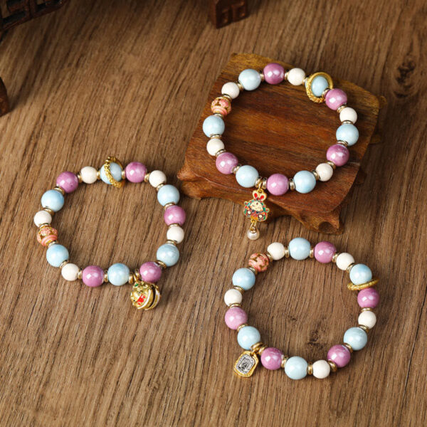 Tibetan Zakiram Goddess of Wealth Rabbit Lion Head Charm Liuli Glass Incense Ash Porcelain Bead Protection Bracelet - 图片 10