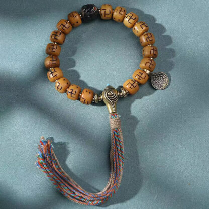 Natural Tibetan Camel Bone Swastika Dzi Bead Shankha Buddha Charm Kirtimukha Luck Protection Tassel Bracelet - 图片 6