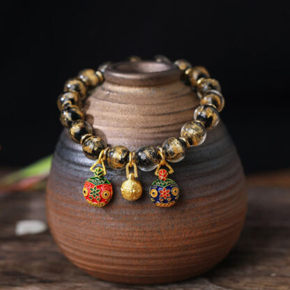 Gold Swallowing Beast Family Charm Gold Silver Foil Liuli Glass Bead Blessings Bracelet - 图片 6