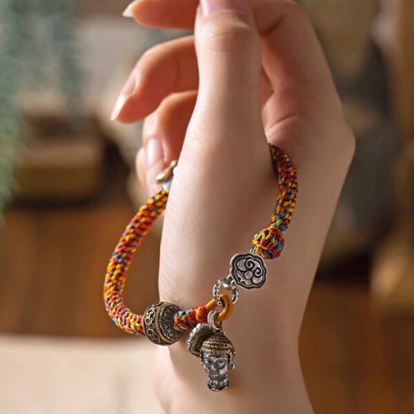 Handmade Tibetan 925 Sterling Silver Chinese Zodiac Natal Buddha Zakiram Goddess of Wealth Protection Multicolored Rope Braided Bracelet - 图片 3