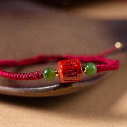 Tibetan Cinnabar Om Mani Padme Hum Engraved Blessing Braided Rope Bracelet - 图片 4