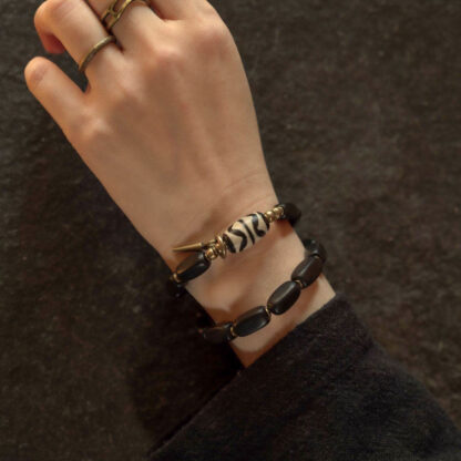 Tibet Ebony Wood Dzi Bead Copper Balance Double Wrap Bracelet - 图片 17