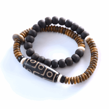 Tibetan Nine-Eye Dzi Bead Green Sandalwood Ebony Wood Peace Double Wrap Bracelet - 图片 3