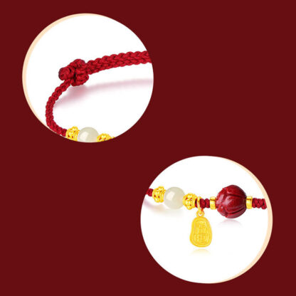 24K Gold Plated Hetian White Jade Cinnabar Lotus Luck Rope Bracelet - 图片 4