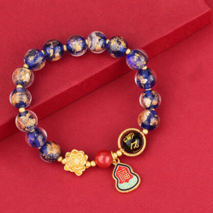 Tibet Om Mani Padme Hum Fu Character Gourd Charm Lotus Liuli Glass Bead Luck Bracelet - 图片 7