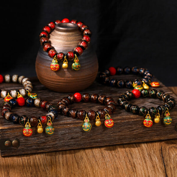 Buddha Stones Gold Swallowing Beast Family Colorful Cinnabar Bead Bracelet - 图片 2
