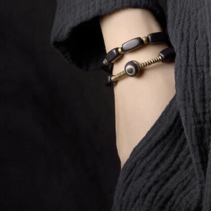 Tibet Ebony Wood Dzi Bead Copper Balance Double Wrap Bracelet - 图片 5