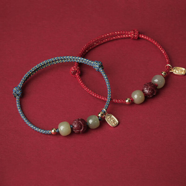 14K Gold Plated Hetian Jade Cinnabar Lotus Luck Handcrafted Rope Bracelet - 图片 11