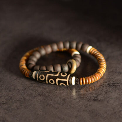 Tibetan Nine-Eye Dzi Bead Green Sandalwood Ebony Wood Peace Double Wrap Bracelet - 图片 8
