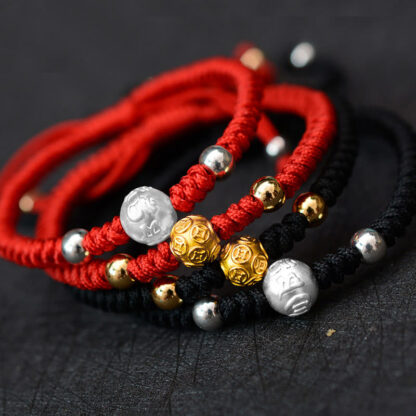 Buddha Stones 999 Sterling Silver Om Mani Padme Hum Copper Coin Luck Strength String Couple Bracelet - 图片 2