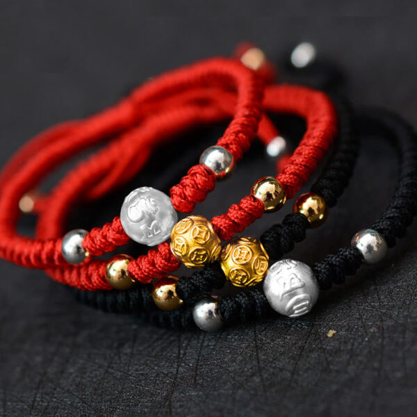 Buddha Stones 999 Sterling Silver Om Mani Padme Hum Copper Coin Luck Strength String Couple Bracelet - 图片 2