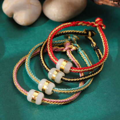 Buddha Stones 999 Gold Hetian White Jade Om Mani Padme Hum Fu Character Luck Braided Bracelet - 图片 2