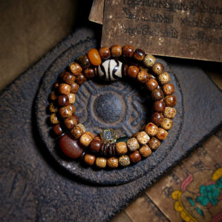 Tibetan Bodhi Seed Amber Dzi Bead Agate Zakiram Goddess of Wealth Beads Triple Wrap Bracelet