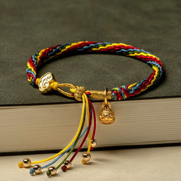Buddha Stones Gold Swallowing Beast Family Luck Reincarnation Knot Colorful String Bracelet - 图片 4