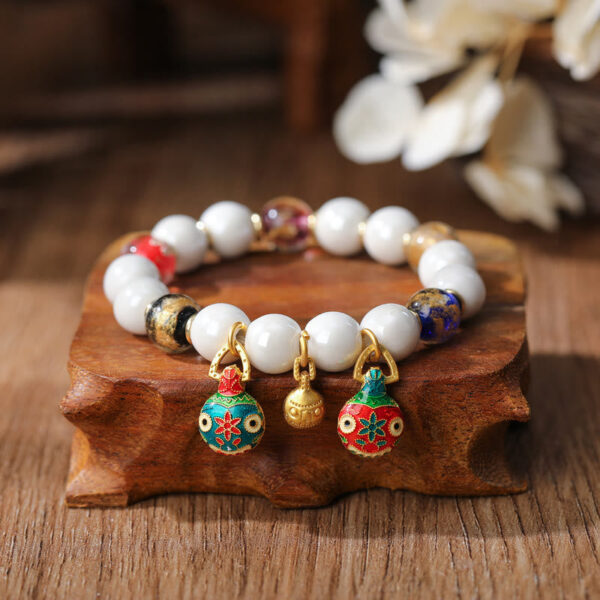 Gold Swallowing Beast Family Charm Liuli Glass Colorful Porcelain Bead Luck Bracelet - 图片 8