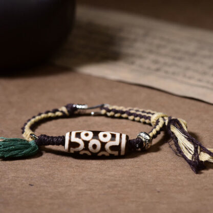 Handcrafted Tibetan Nine-Eye Dzi Bead Blessings Rope Bracelet - 图片 6