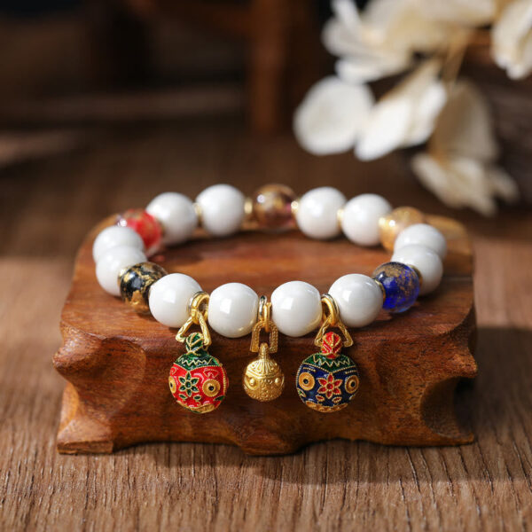 Gold Swallowing Beast Family Charm Liuli Glass Colorful Porcelain Bead Luck Bracelet - 图片 4