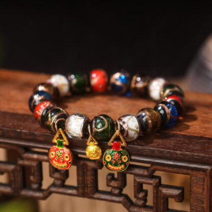 Five Elements Gold Swallowing Beast Family Charm Liuli Glass Bead Luck Bracelet - 图片 8