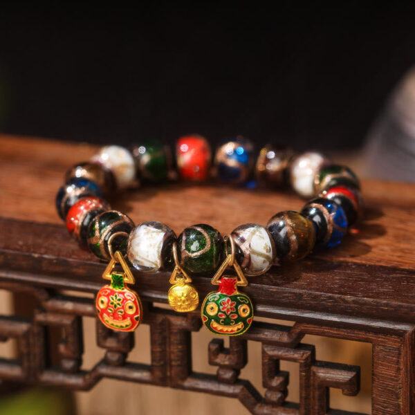 Five Elements Gold Swallowing Beast Family Charm Liuli Glass Bead Luck Bracelet - 图片 8