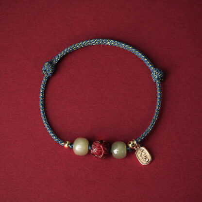 14K Gold Plated Hetian Jade Cinnabar Lotus Luck Handcrafted Rope Bracelet - 图片 8