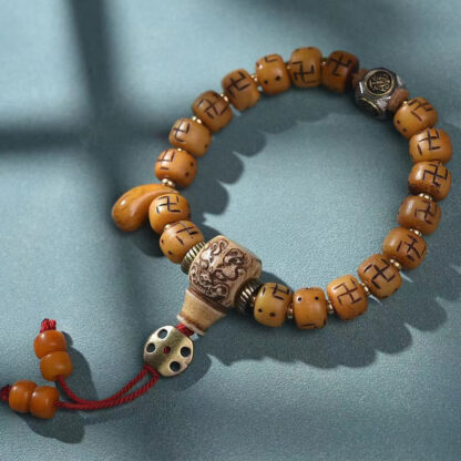 Natural Tibetan Camel Bone Swastika Dzi Bead Shankha Buddha Charm Kirtimukha Luck Protection Tassel Bracelet - 图片 13