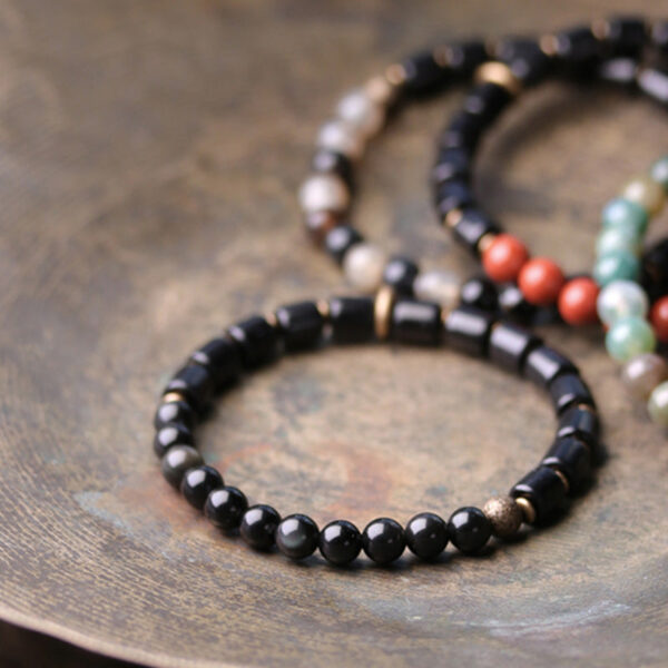Buddha Stones Ebony Wood Red Jasper Moss Agate Crystal Copper Peace Couple Bracelet - 图片 11