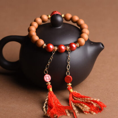 Tibetan Natural Peach Wood Cinnabar PiXiu Wealth Tassels Bracelet - 图片 4