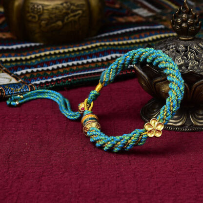Tibet Handmade Five God Of Wealth Luck Thangka Amulet Prayer Wheel Flower Charm Weave String Bracelet - 图片 5