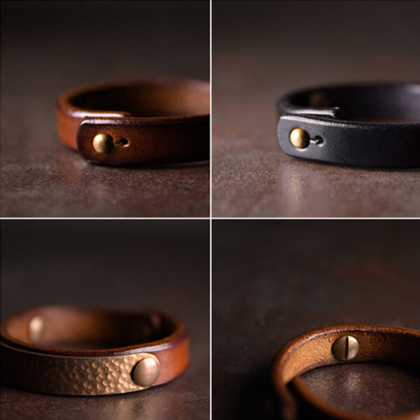 Vintage Handmade Texture Copper Brass Leather Wealth Bracelet Bangle - 图片 21