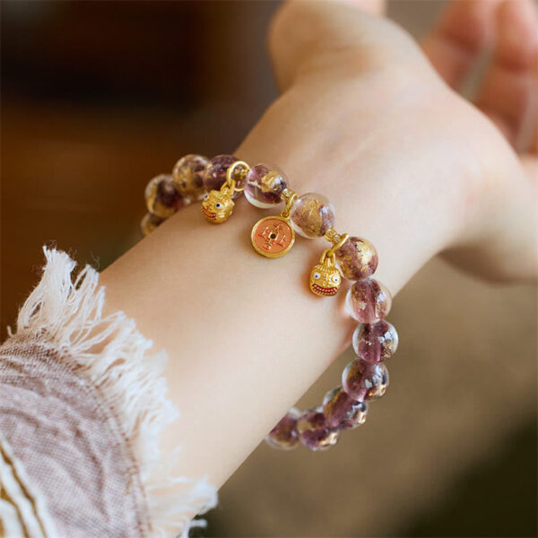 Gold Swallowing Beast Copper Coin Good Luck Charm Liuli Glass Bead Fortune Bracelet - 图片 8