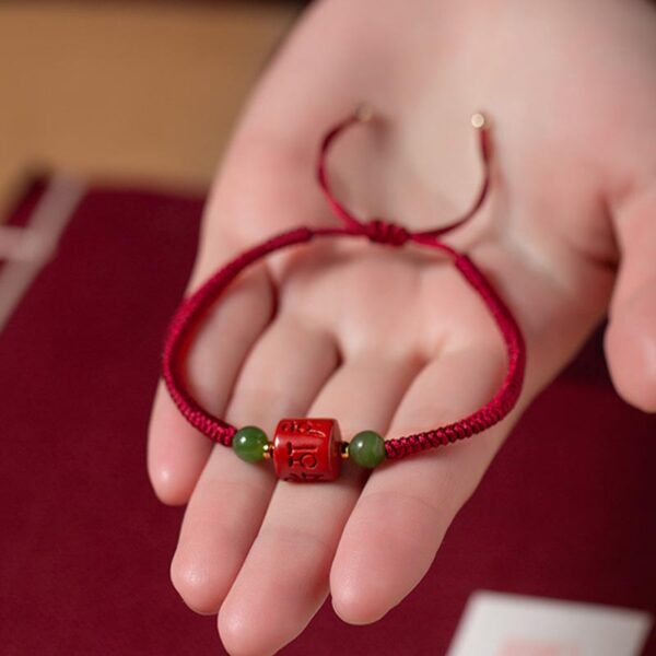 Tibetan Cinnabar Om Mani Padme Hum Engraved Blessing Braided Rope Bracelet - 图片 9