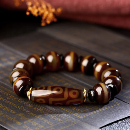 Buddha Stones Tibetan Natural Nine-Eye Dzi Bead Agate Wealth Blessings Bracelet - 图片 2