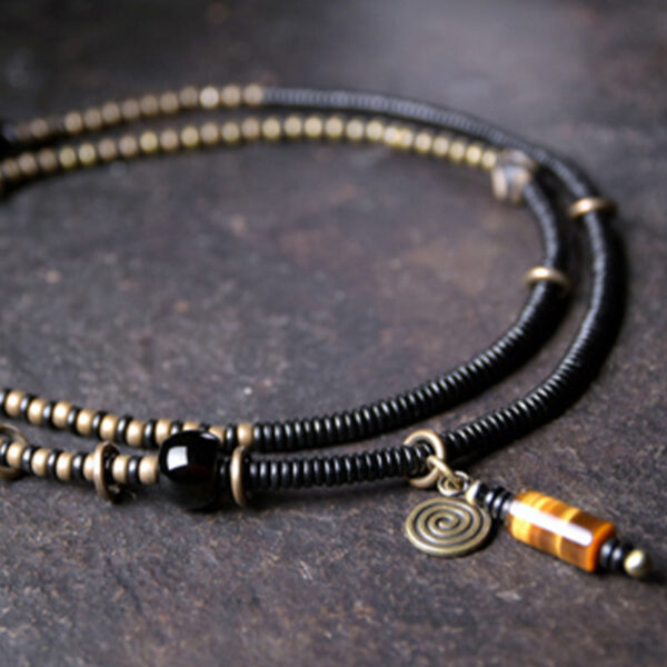 Buddha Stones Ebony Wood Dzi Bead Copper Peace Couple Bracelet Necklace Pendant - 图片 9