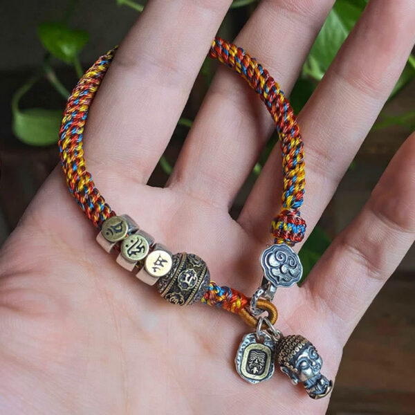 Handmade Tibetan 925 Sterling Silver Chinese Zodiac Natal Buddha Zakiram Goddess of Wealth Protection Multicolored Rope Braided Bracelet - 图片 22