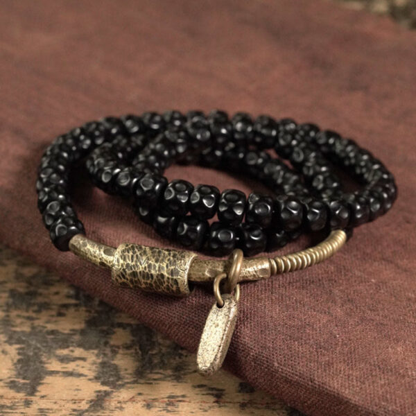 Retro Coconut Shell Copper Happiness Triple Wrap Bracelet - 图片 2