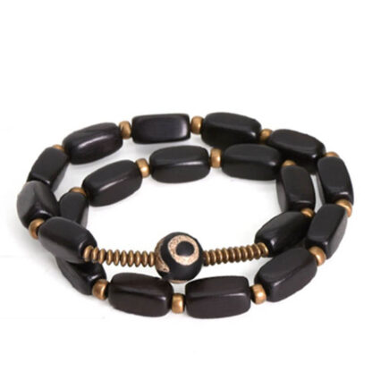 Tibet Ebony Wood Dzi Bead Copper Balance Double Wrap Bracelet - 图片 6