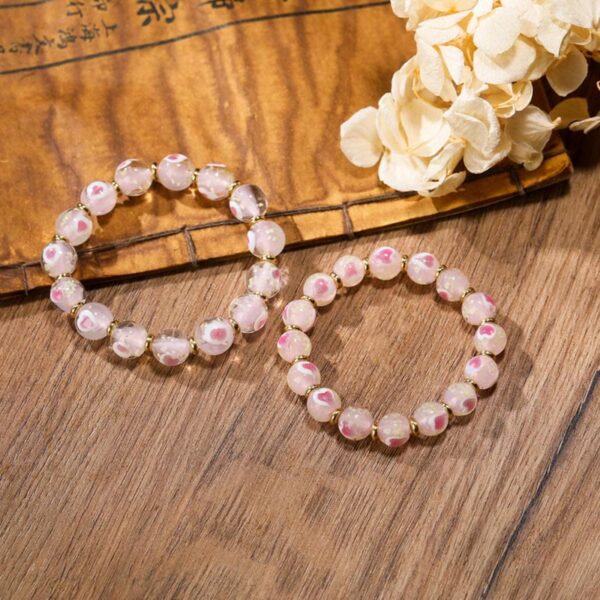 Gold Swallowing Beast Family Charm Luminous Pink Love Heart Fluorescent Liuli Glass Bead Blessings Bracelet - 图片 9