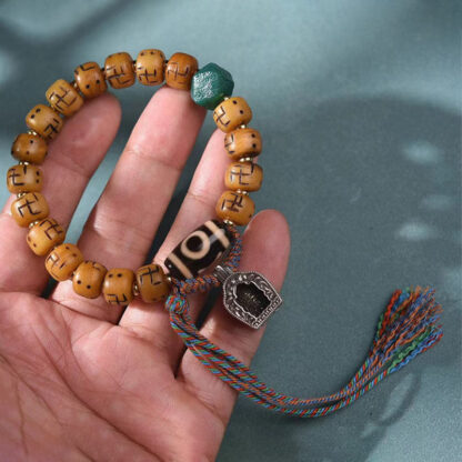 Natural Tibetan Camel Bone Swastika Dzi Bead Shankha Buddha Charm Kirtimukha Luck Protection Tassel Bracelet - 图片 3
