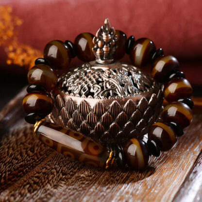 Buddha Stones Tibetan Natural Nine-Eye Dzi Bead Agate Wealth Blessings Bracelet - 图片 3