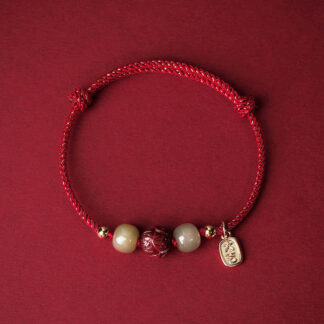 14K Gold Plated Hetian Jade Cinnabar Lotus Luck Handcrafted Rope Bracelet