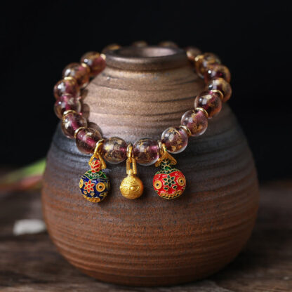 Gold Swallowing Beast Family Charm Gold Silver Foil Liuli Glass Bead Blessings Bracelet - 图片 9