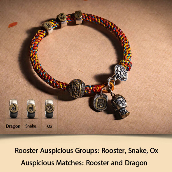 Handmade Tibetan 925 Sterling Silver Chinese Zodiac Natal Buddha Zakiram Goddess of Wealth Protection Multicolored Rope Braided Bracelet - 图片 16