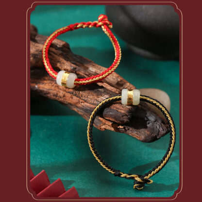 Buddha Stones 999 Gold Hetian White Jade Om Mani Padme Hum Fu Character Luck Braided Bracelet - 图片 12