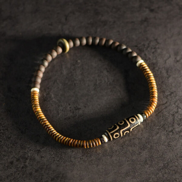 Tibetan Nine-Eye Dzi Bead Green Sandalwood Ebony Wood Peace Double Wrap Bracelet - 图片 7