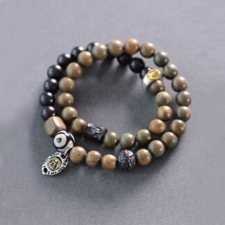 Tibetan Green Sandalwood Ebony Wood Three-eyed Dzi Bead Fu Character Balance Peace Double Wrap Bracelet