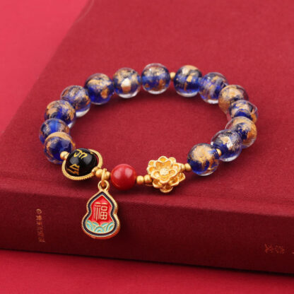 Tibet Om Mani Padme Hum Fu Character Gourd Charm Lotus Liuli Glass Bead Luck Bracelet - 图片 6