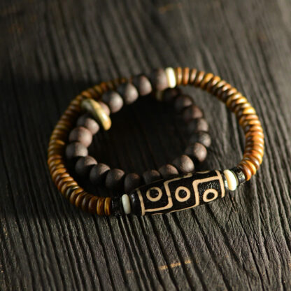 Tibetan Nine-Eye Dzi Bead Green Sandalwood Ebony Wood Peace Double Wrap Bracelet - 图片 14