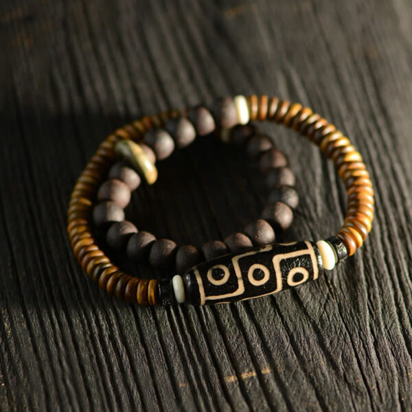 Tibetan Nine-Eye Dzi Bead Green Sandalwood Ebony Wood Peace Double Wrap Bracelet - 图片 14